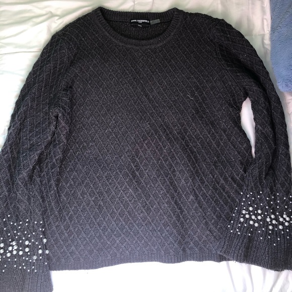 Karl Lagerfeld Gray Quilted Pearl Sleeve Sweater - Picture 5 of 8